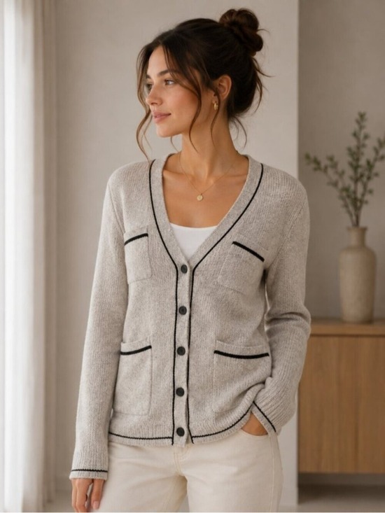 Theory Sweaters - Theory Cream Wool Yak Blend Cardigan Black Trim Button Knit Sweater Small 0348
